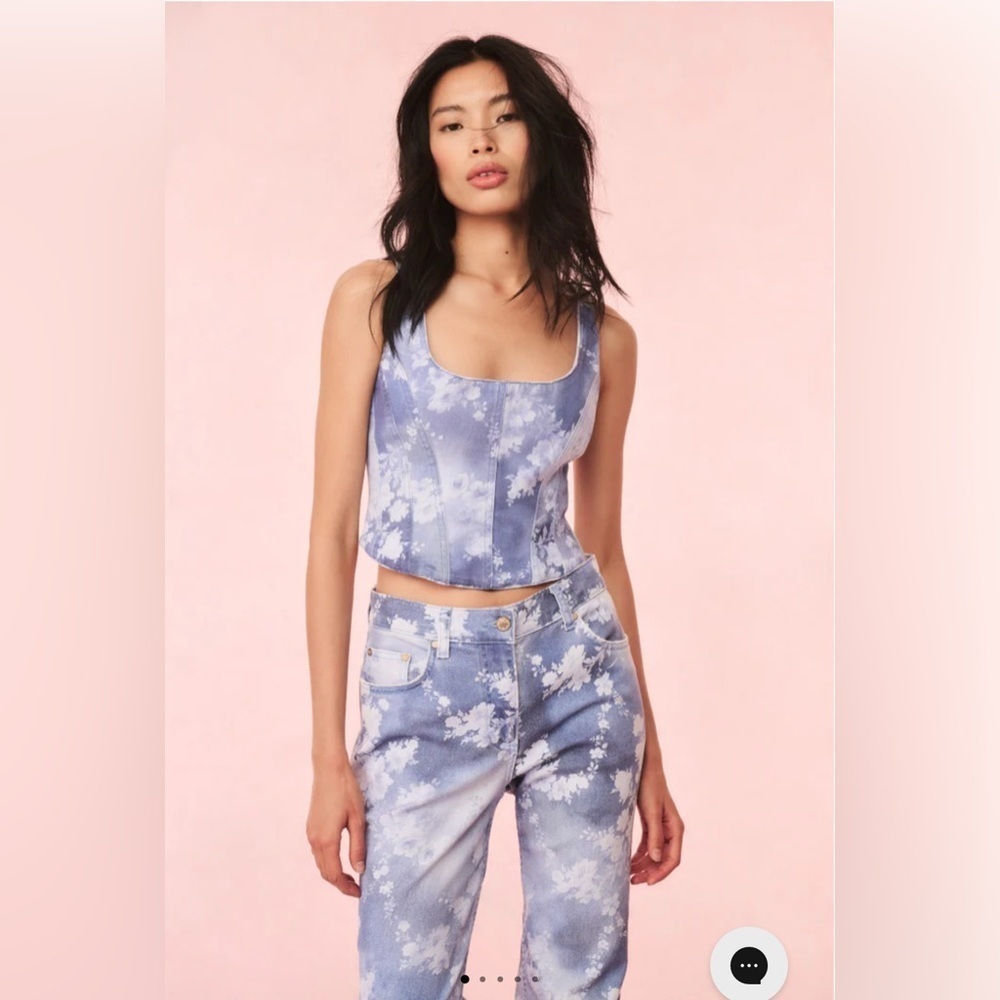 NWT LoveshackFancy Emika Floral Denim Bustier Top in Bluebell Cloud